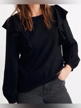 Madewell Ruffle Front Black Top Blouse NWT Size Large